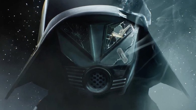 A dark dark helmet is framed against the stars in the humor of the spacecraft