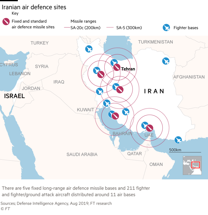 A map showing Iranian superficial missile sites to the air and military air covers