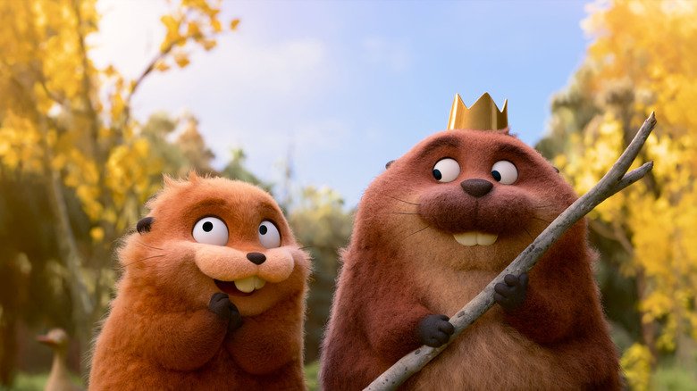 PIPER CURDA as a Maple's voice, turned into a beaver, Bobbie Moinhan while King George stands in a forest in the fold