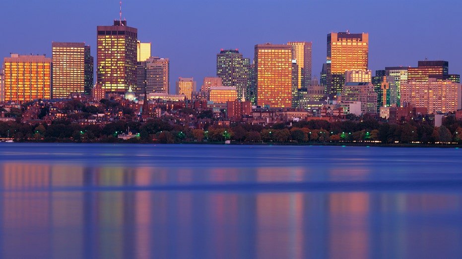 Boston's horizon at sunset from Harvard University