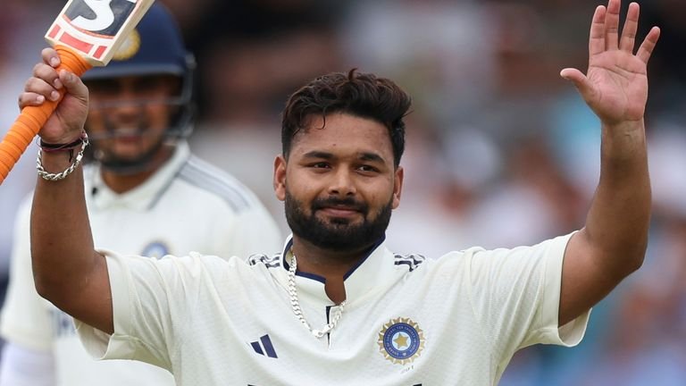 The Indian Rishabh Pant celebrates after a century on the second day of the first test of the Cricket test between England and India in Headingley in Leeds, England, on Saturday, 21 June 2025, (AP Photo/Scott Heppell)