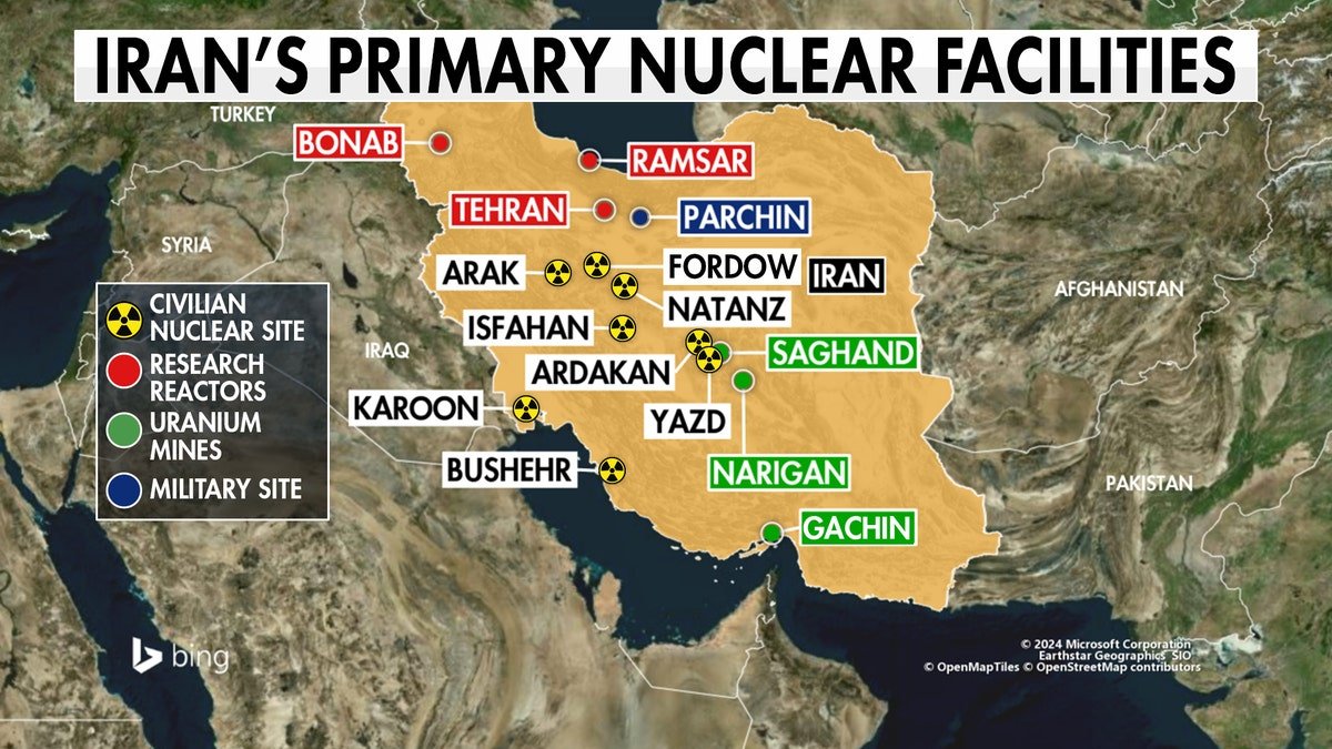 A map showing the basic nuclear facilities of Iran