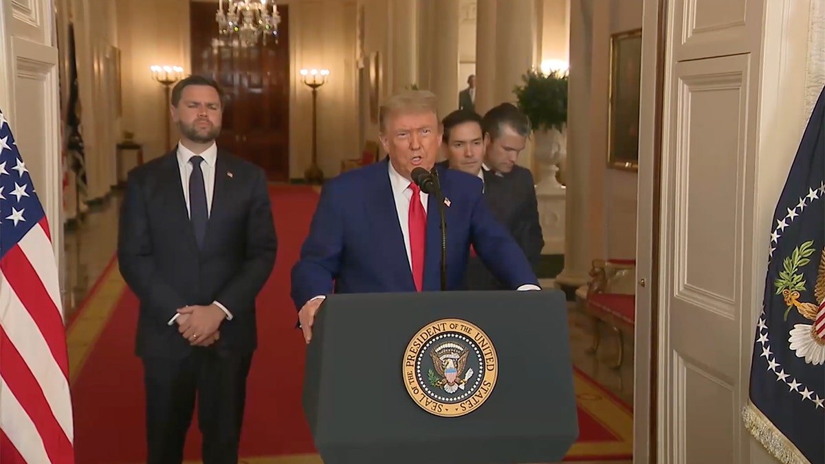US Vice President JD Vance, from the left, US President Donald Trump, Marko Rubio, US Secretary of State, and Higseth Beit, US Defense Secretary, during a speech to the nation