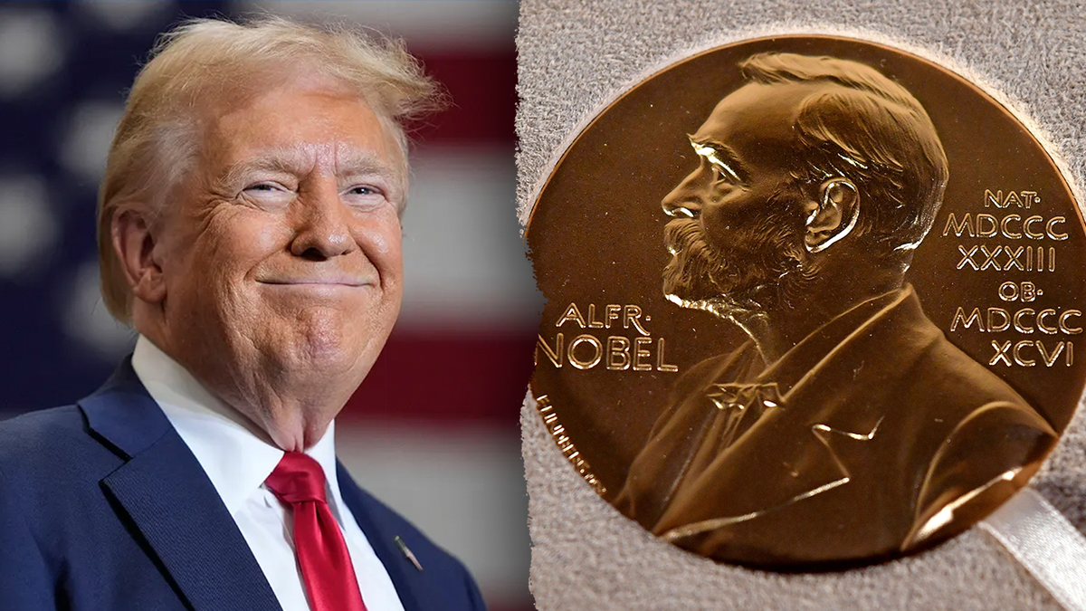 Trump smiles, left. Nobel Peace Prize, right