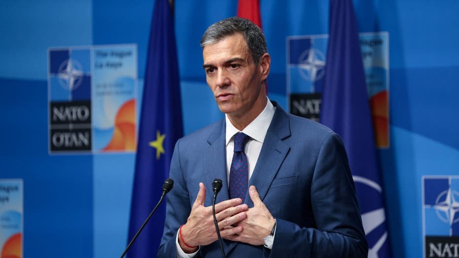 Spanish Prime Minister Pedro Sanchez is attending a press conference at the NATO summit in The Hague, Netherlands, June 25, 2025.