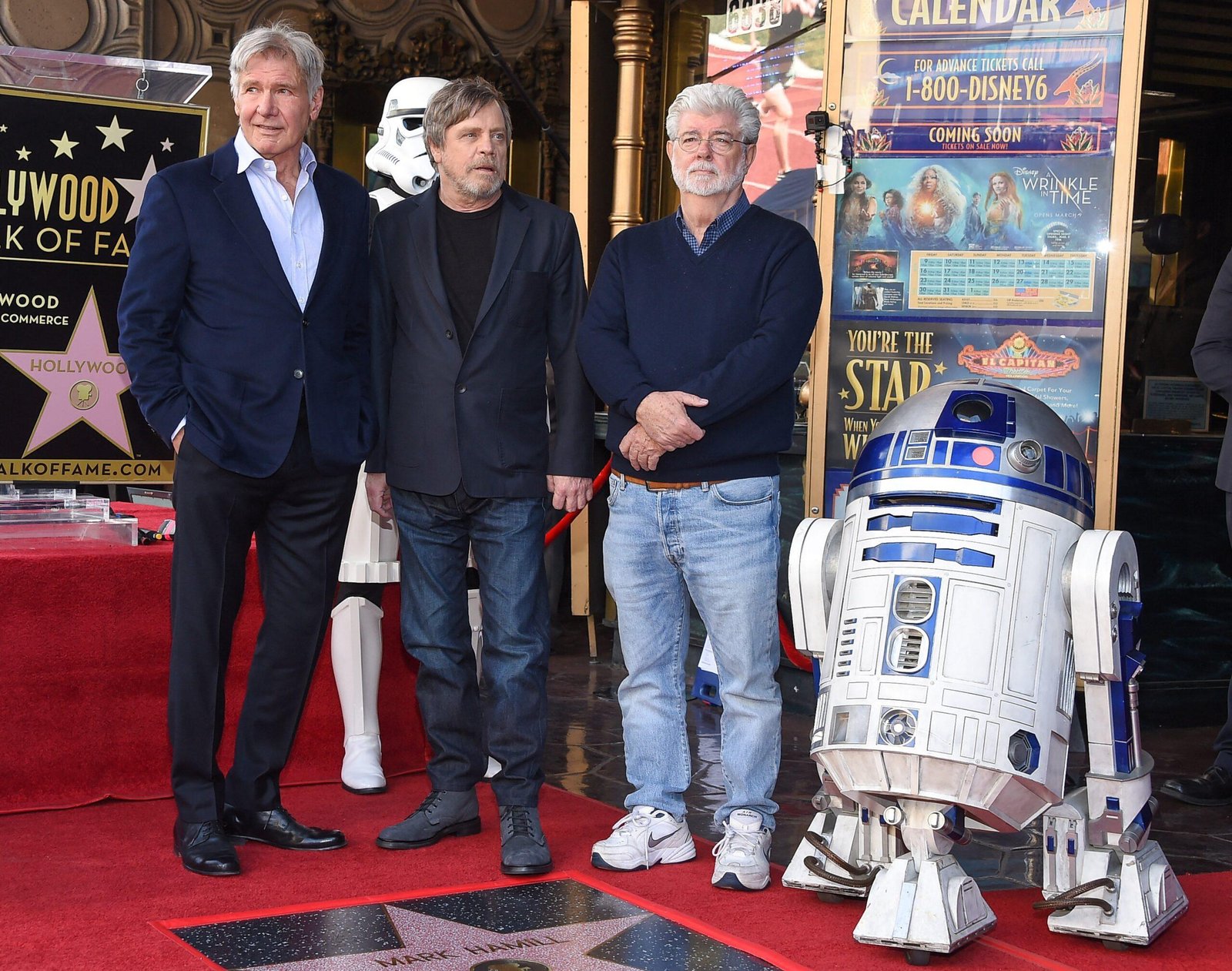 Mark Hamiel and George Lucas at the Hollywood celebrity ceremony