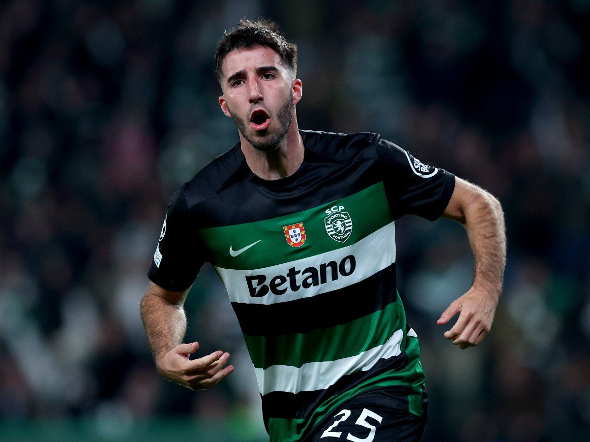 Goncalo Inacio celebrates a goal for Sporting Lisbon