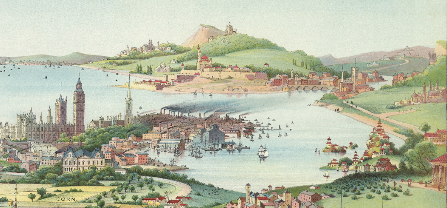 A Westminster archival map in London appears on the edge of the sea or a lake with other small towns spread around it in architectural styles from all over the world, including Islamic mosques, East Asia Temple, Castle on Tel, and others