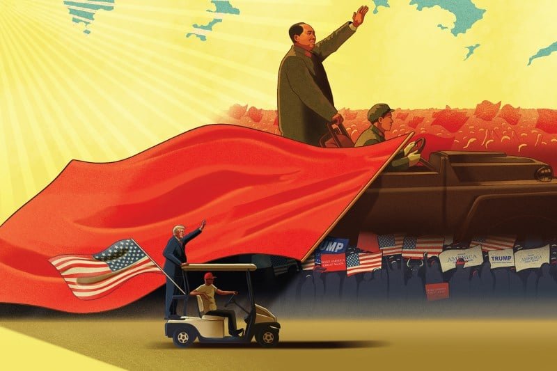 An illustration shows Chairman Mao being driven in a car past a sea of red flags. In the foreground is Donald Trump in a similar pose driven in a golf cart.