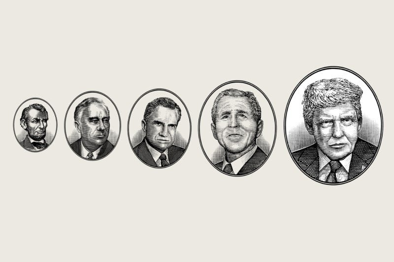 A woodcut style illustration depicts five U.S. presidents, Lincoln, Roosevelt, Nixon, Bush, and Trump