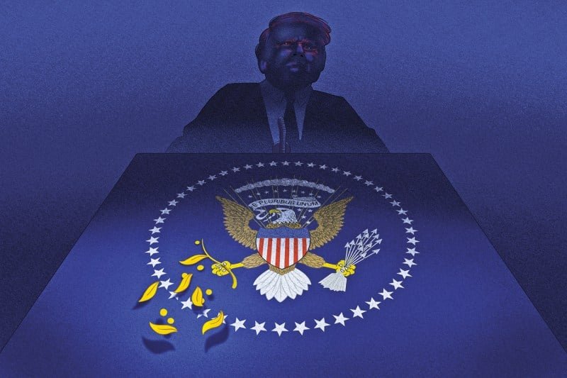 An illustration depicts a lectern with a presidential eagle seal on it. Leaves fall off a branc in one of the eagle's talons. A Trump-like figure looms above.