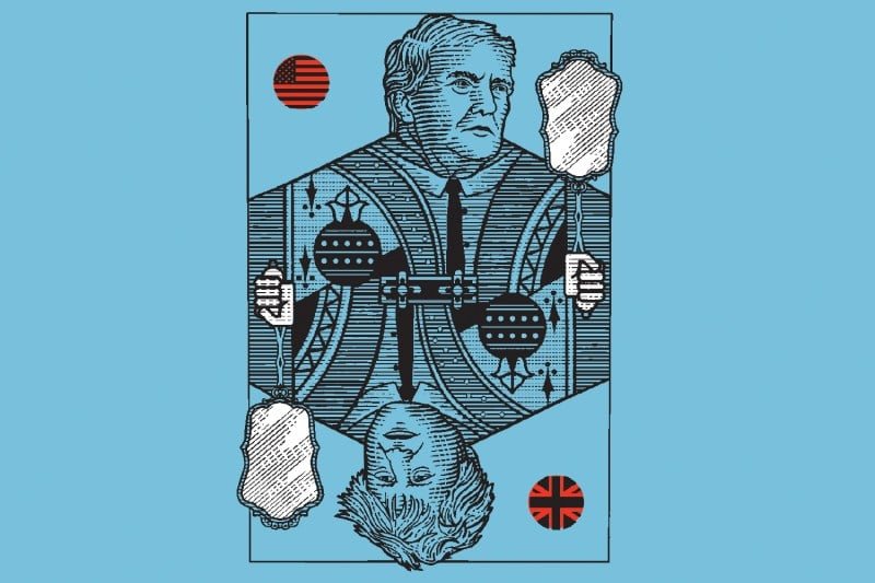A woodcut-style illustration depicts Donald Trump on one end of a face card with Boris Johnson on the other. Both hold mirors.