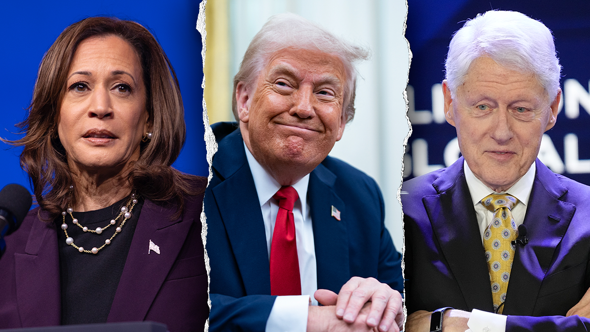 Trump, smiling, middle, with Kamala Harris, Bill Clinton left and right