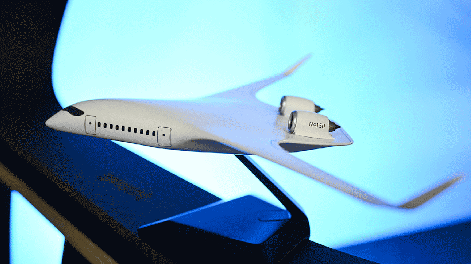 A small model is widely displayed by the Jetzero Z4 aircraft mixed in Wing Body during the company's media day at Long Beach, California on May 2, 2025. Jetzero is developing the first commercial aircraft around the world. (Patrick T. Fallon) (Patrick T. Fallon / AFP) via Getty Images)