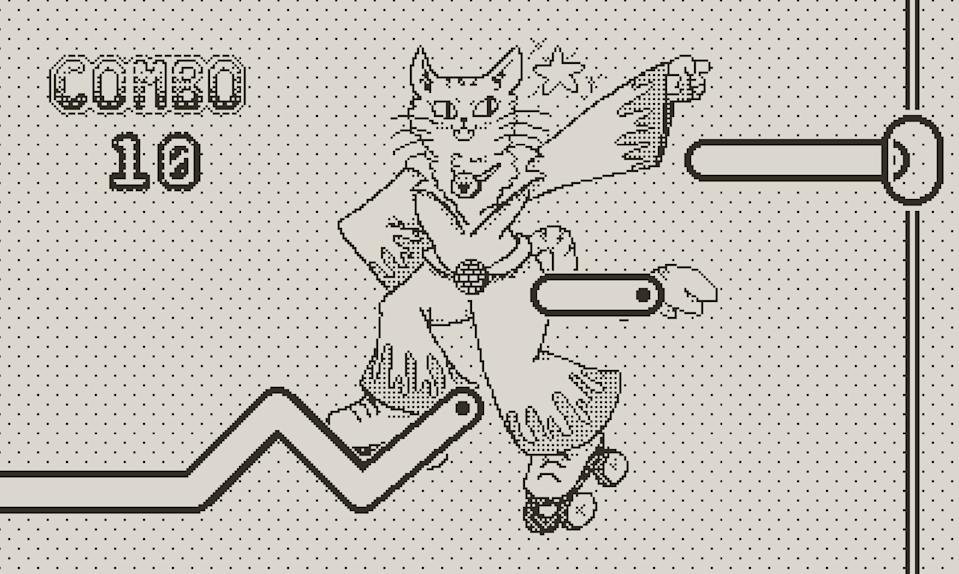 It is still a Playdate Game OTTO's Galactic Groove game showing a cat in disco and cylindrical skies while they are long bars that represent musical notes in front of her