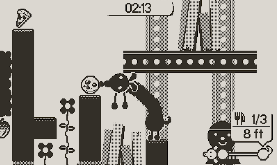 It is still of the Playdate Game Long PuPY game displays the destroyed caricature that stands on its back legs and extends to get a cookie from a close vertical platform