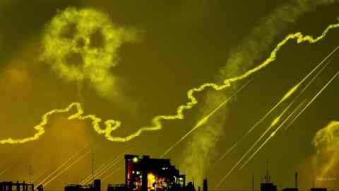 A clarification of a night sky lit by missiles and explosions, with smoke that forms the nuclear symbol in the sky