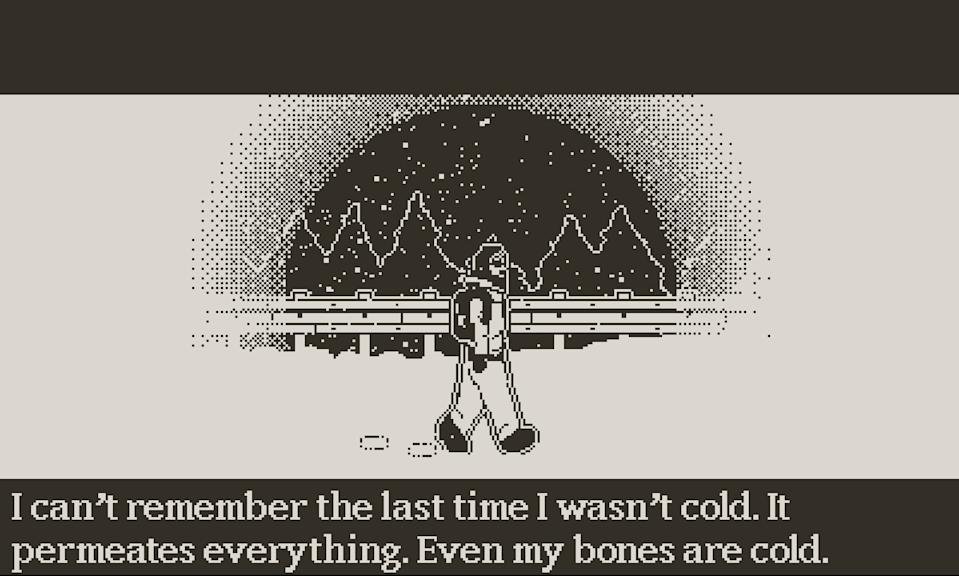 It is still of the Date The Whiteout game showing a man walking on a high -snow -covered road, above the words