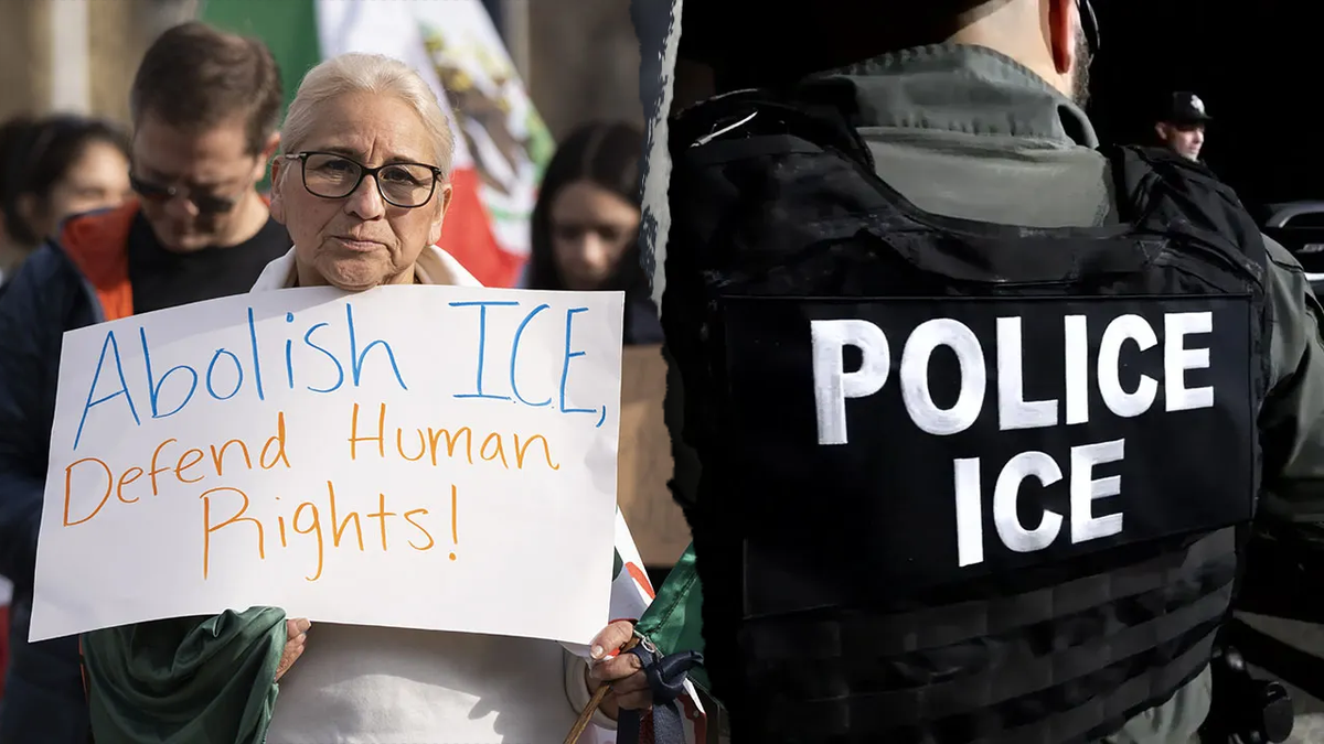Anti -ice protester in photo along with an ice officer.