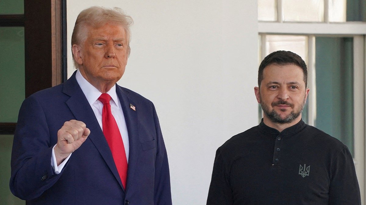 Trump is in a red tie with black Zelinski 