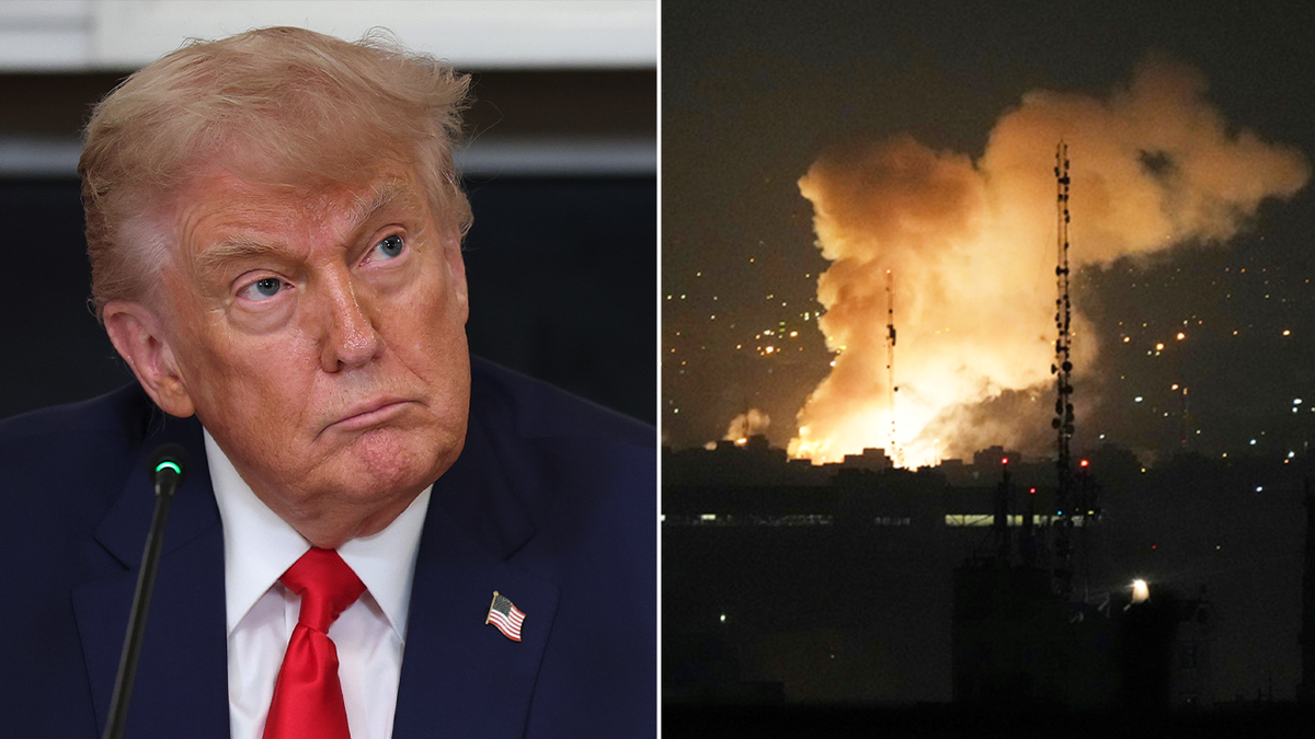Image division, Trump wears a red tie and an Israeli strike on Iran.