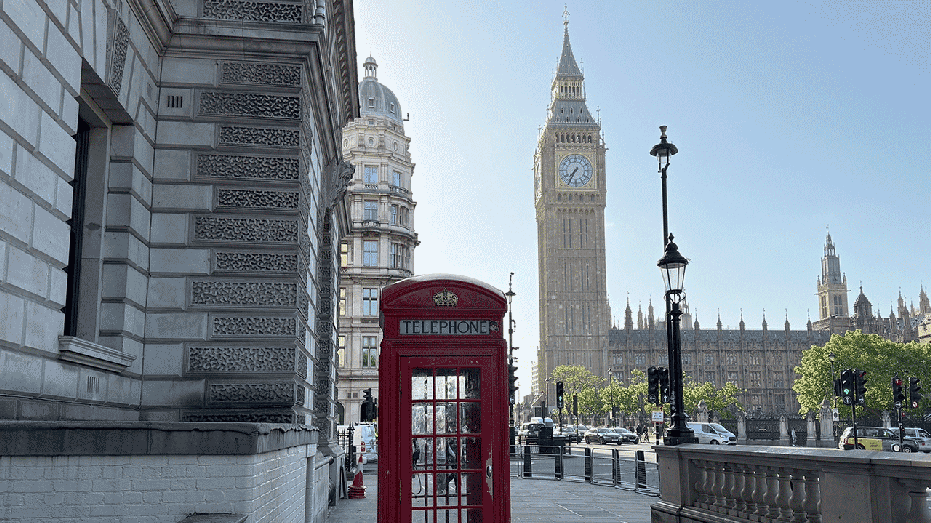 May 22, 2025, Great Britain, London: The Red Phone Fund stands in front of the clock tower with Big Ben. Photo: Julia Killian/DPA (Photography by Julia Killian/Photo Alliance via Getty Images)