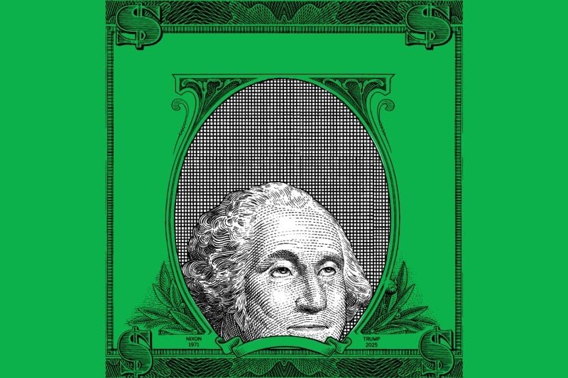 A wooden wood style clarification shows the face of George Washington on the dollar bill that revolves around his eyes.