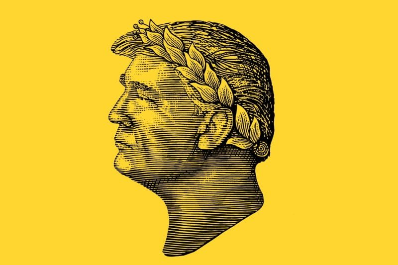It depicts the clarification of Donald Trump's wooden pattern in the role of Julius Caesar