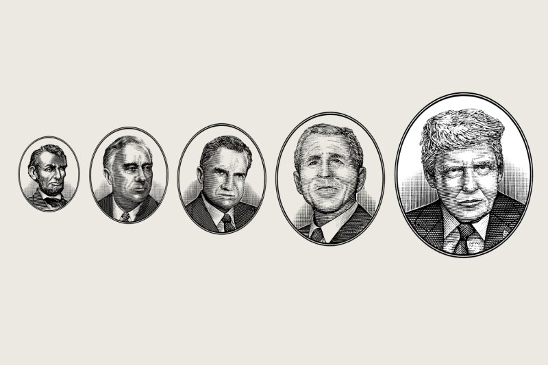 A woodcut style illustration depicts five U.S. presidents, Lincoln, Roosevelt, Nixon, Bush, and Trump