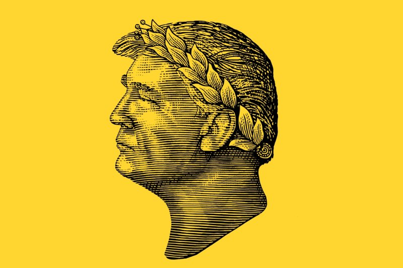 An woodcut style illustration depicts Donald Trump as Julius Caesar
