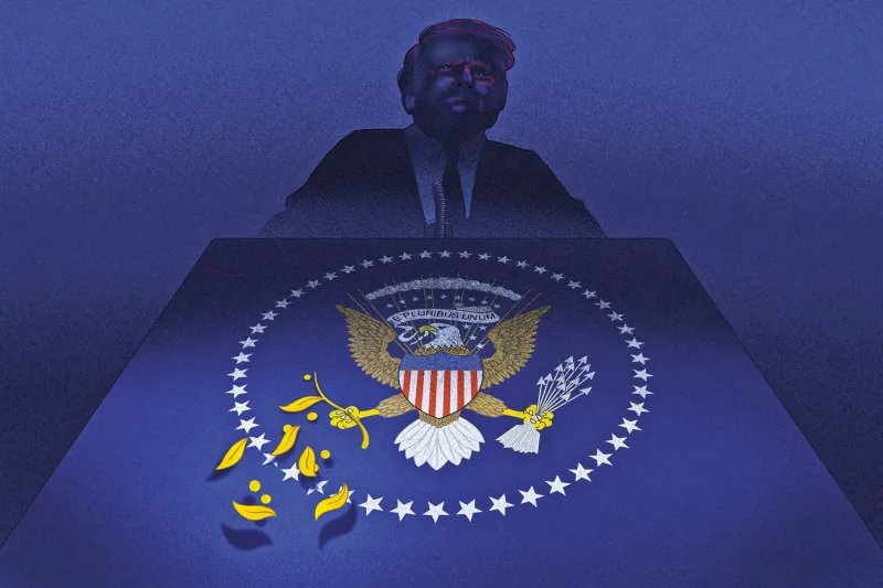 An illustration depicts a lectern with a presidential eagle seal on it. Leaves fall off a branc in one of the eagle's talons. A Trump-like figure looms above.