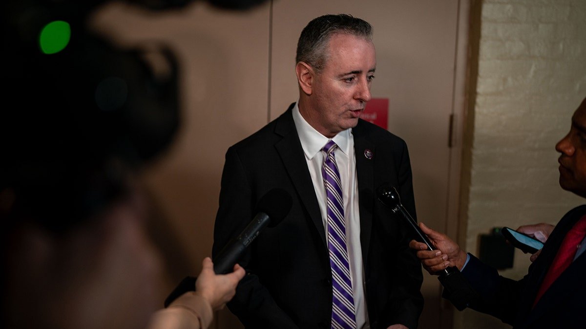 Representative Brian Fitzpatrick speaks with correspondents as he arrived at a meeting of a Republican Conference of the House of Representatives in Capitol Hill in March 6, 2024, in Washington.