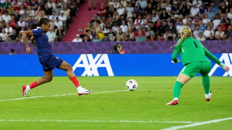France, Marie Antoinette Catoto, scores the opening goal during Euro 2025, Group D, <a href=