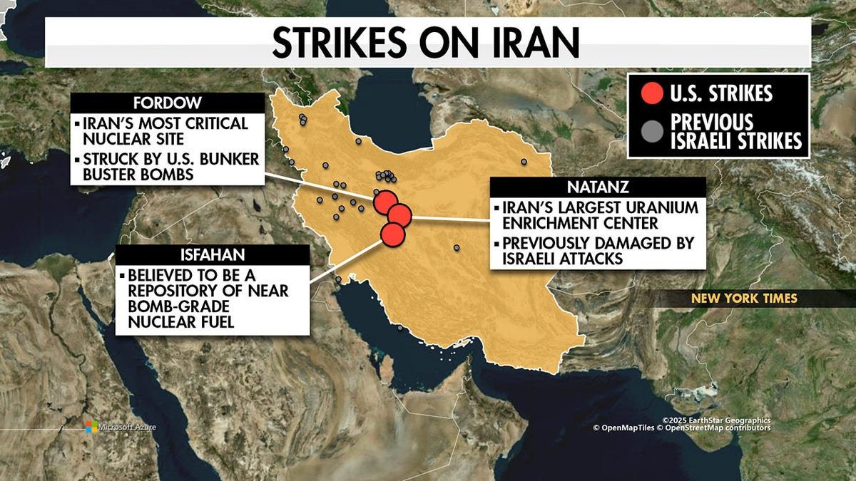 The map shows the nuclear sites in Iran that the United States sustained during the midnight.