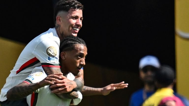 Joao Pedro celebrates his second goal against Flumini with his teammate Chelsea Enzo