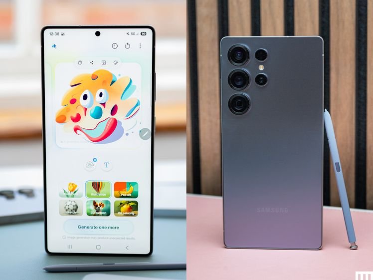 Samsung Galaxy S25 Ultra with the screen showing the Drawing Assist feature beside a rear view of the mobile phone to showcase the cameras