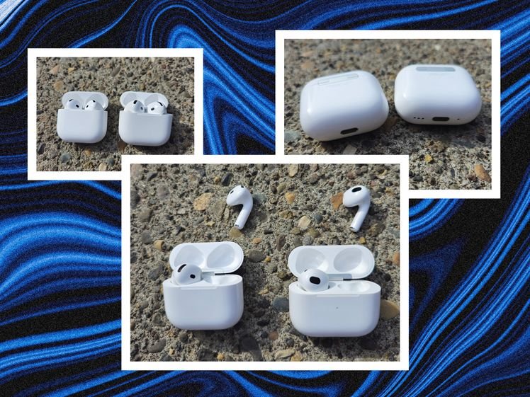Different views of small white earbuds inside and outside a small white case. Decorative background: blue and black swirls.