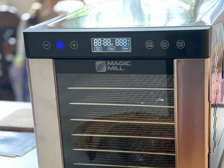 A small cooking device with metal sides, a small digital screen on top, and a clear front door to show shelves inside. Banana, strawberries and other foodstuffs sit in front of the device directly.