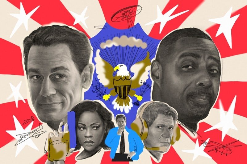 An illustration showing drawn likeness of John Cena, Idris Alba and others on a red and white starburst.
