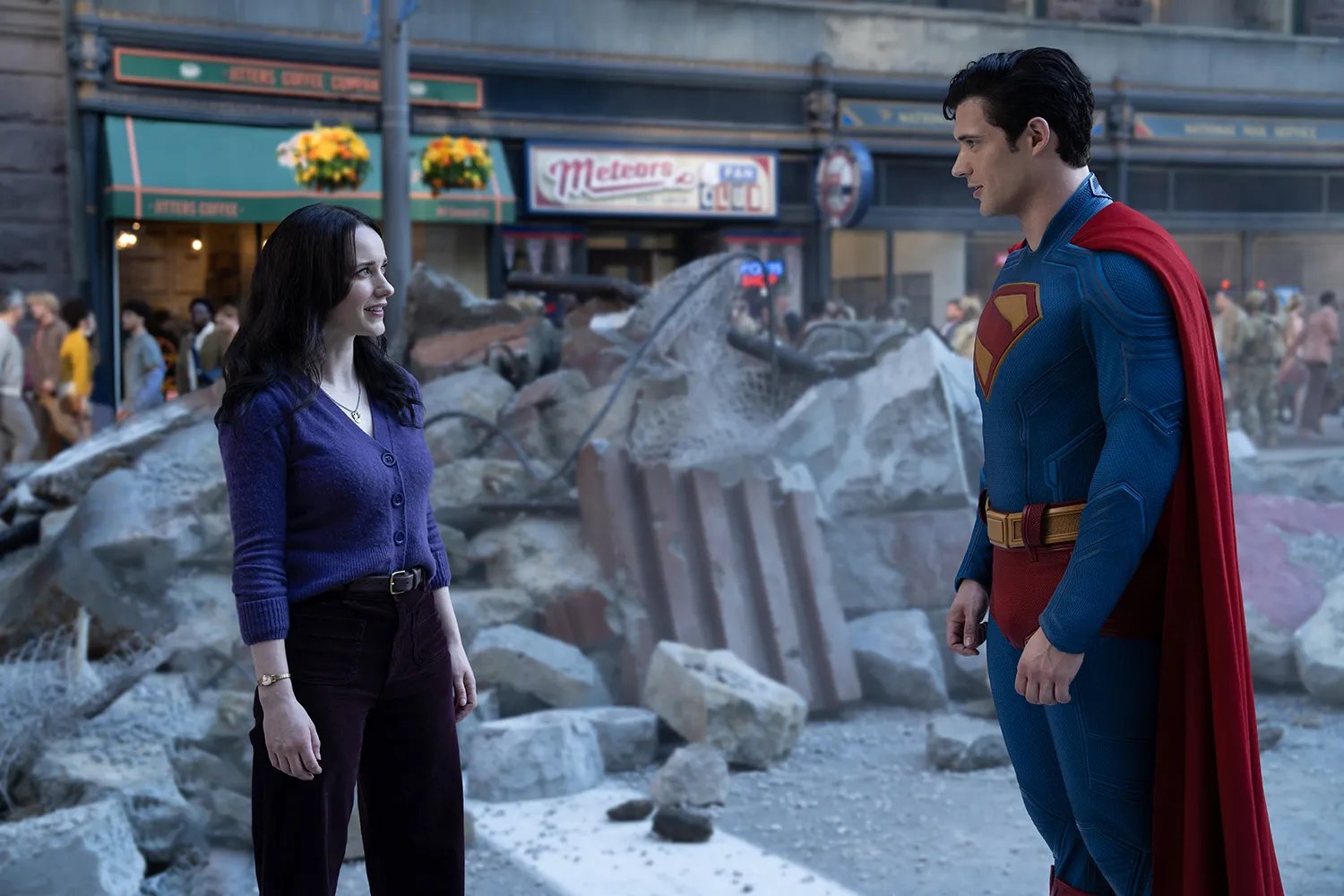 Rachel Brosnahan as Lois Lane and David Corenswet as Superman in a still from Superman.