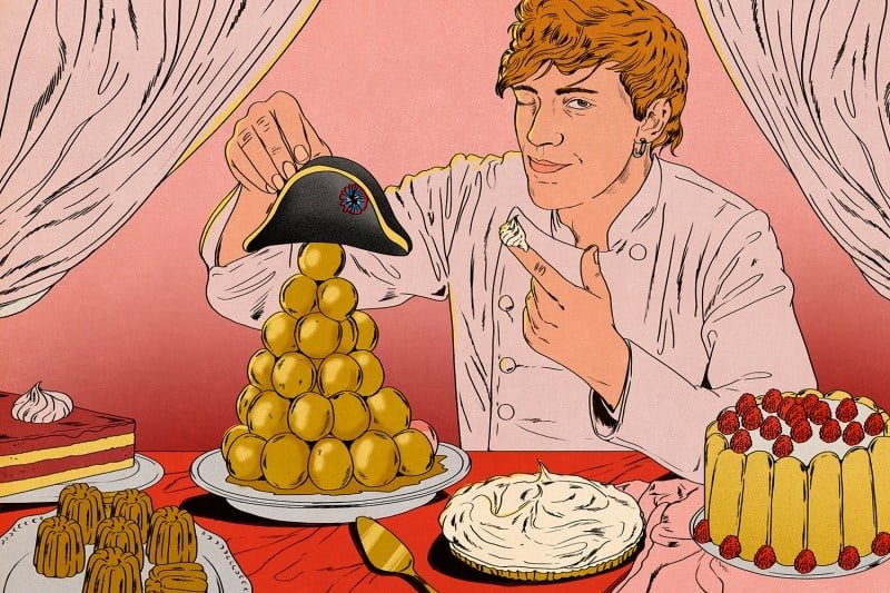 An illustration depicts the lead in the TV show Careme, dressed as a chef, putting a Napoleon shaped hat on a tower of desserts. He flicks whipped cream with his other hand and winks.
