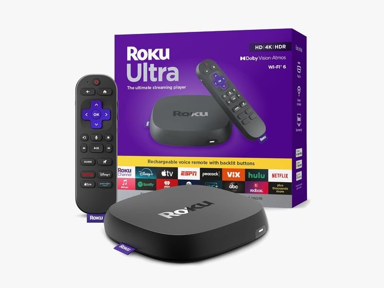 Front view of the Roku Ultra, including purple box packaging, narrow black remote, and black rounded disc shape device