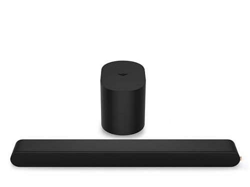 A black Vizio soundbar and rounded subwoofer with a white background.