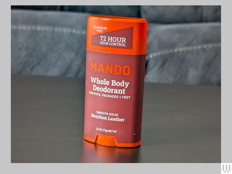 Mando Whole Body Deodorant, red container in Bourbon Leather scent