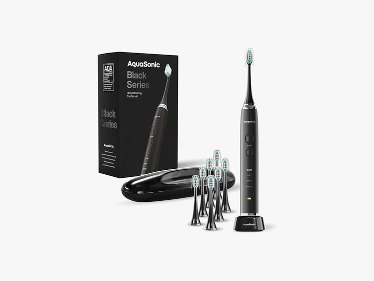 Aquasonic Black Series Ultra Whitening Toothbrush, black box packaging, and replacement heads