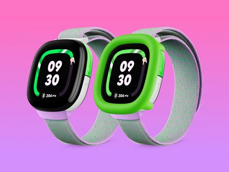 2 smartwatches with colorful screens and bands. Background: pink to purple gradient.