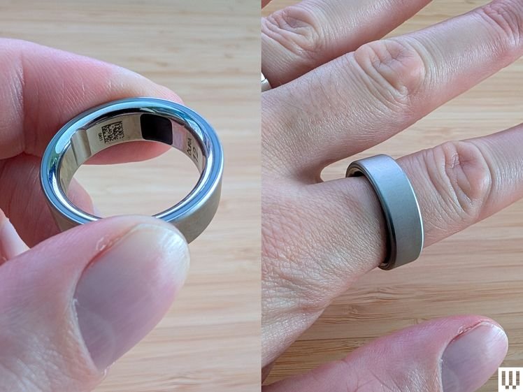 The Oura Ring 4, a silver smart ring, being pinched between fingers to show the sensors on the inner band beside an image of the ring being worn on a finger