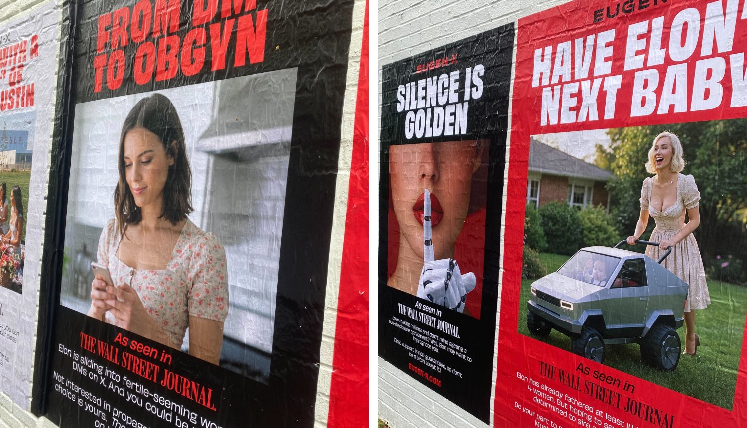 Three red and black stickers include slogans like "From dm to obgyn," "Gold silence," and "Ask the next child Elon." The latter includes a blond woman who wears a floral dress, smiles and pushes a kids in the form of Cybertruck.
