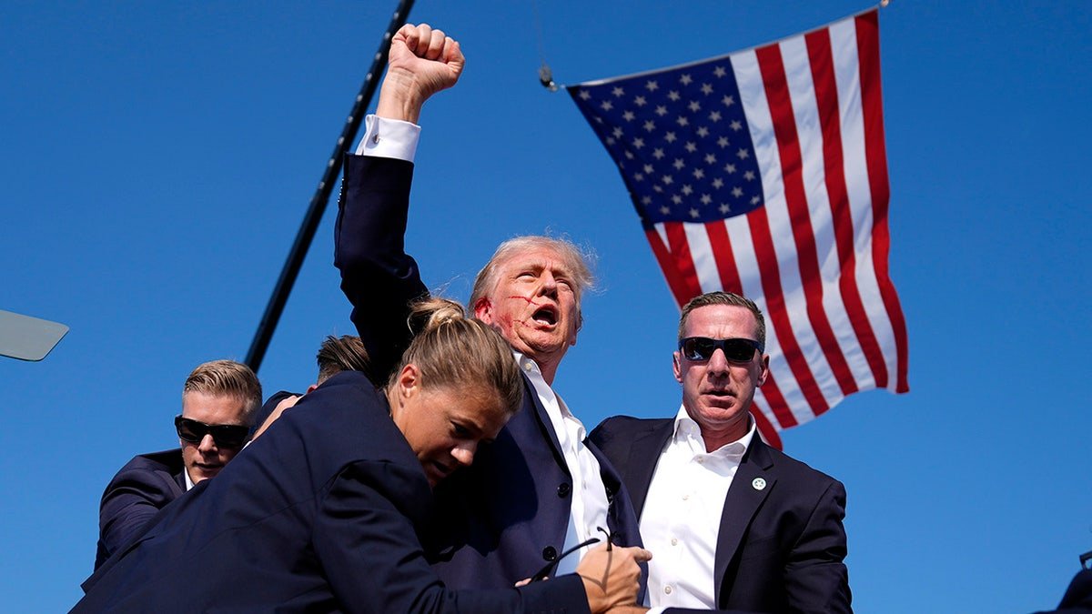 Donald Trump is surrounded by US Secret Services Agents after shooting Bater