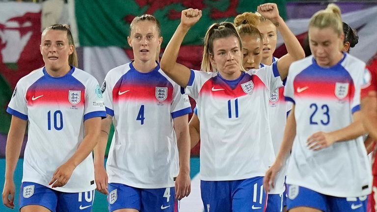 Lauren Heimb celebrates England after scoring her third goal 